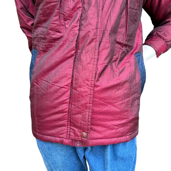 Vintage 90s Maroon & Navy Quilted Puffer Jacket with Faux Fur Trim Size 10 - Picture 3 of 11